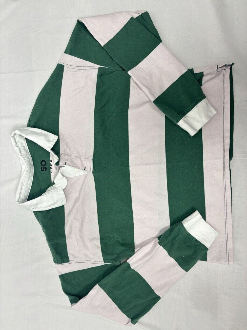 SO Goods For Life Green Light Pink Stripe Long Sleeve Polo Shirt Girls 14/16